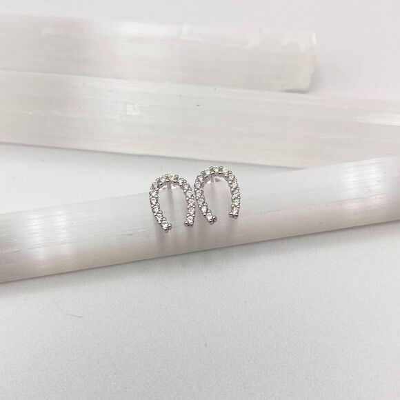 Horseshoe Cubic Zirconia Sterling Silver Stud Earrings - Picture 1 of 6